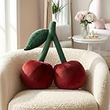 Cherry Pillow for Preppy Room Decor –17x14 In 3D Decorative Cherry Throw Pillow in Luxe Velvet –Shape Hold Fill Fruit Cushion with Sculpted Stem & Embroidered Leaf for Sofa & Aesthetic Home Decor ,Red