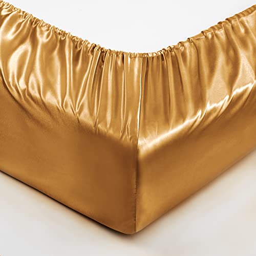 P Pothuiny Satin Fitted Sheet Queen Size, 1 Single Fitted Sheet Only, Extra Soft Deep Pocket Bottom Bed Sheets Mattress Cover Fits 12" To 16", Wrinkle Free, Fully Elasticized (Gold) #TOP5