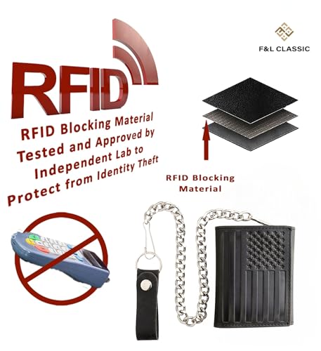 Image of F&L CLASSIC RFID Blocking Men's Tri-fold Vintage Biker Cowhide Leather Steel Chain Wallet,Snap closure, black, flag,315-200