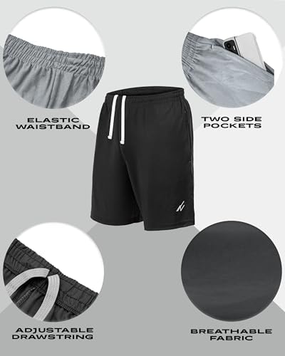NY Threads 5 Pack Mens Athletic Shorts Quick Dry Loose-Fit Lightweight Running Workout Gym Shorts with Pockets, Large, Black/Black/Black/Dark Grey/Medium Grey — view 3