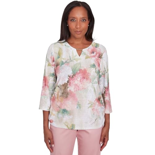 Alfred Dunner Women's Coming up Roses Ombre Medallion Three Quarter Sleeve Top