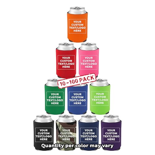 Personalized Assorted Collapsible Can Coolers Set of 10/50/100 by DISCOUT PROMOS, Custom Bulk Pack - Keeps Your Drink Cold, Great for Beer, Soda and other Beverages - Assorted