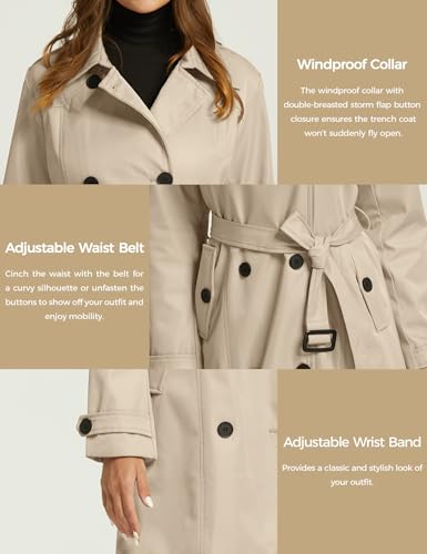 wantdo Women's Waterproof Trench Coat Classic Lapel Outerwear Coat with Belt Khaki Large