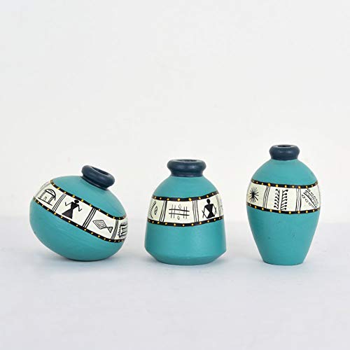 ARTYSTA BEAUTIFYING LIVES ‘Warli Turquoise’ Hand-Painted Earthen Terracotta Vase - Vases Flower Vase Terracotta Decorative for Home Miniature Terracotta Pots for Home Décor Items (Blue, Set of 3)