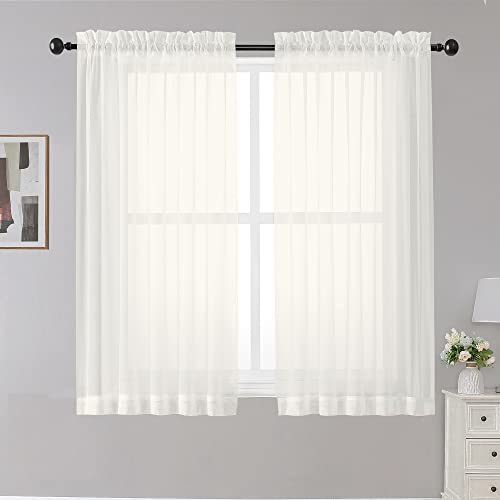 Image of OWENIE Sheer Curtains Ivory, 45 inch Long Light Filtering Tiers for Kitchen, Bedroom, Short Panels Rod Pocket 2 Panels, Cafe Curtains Small Window, 42 inch W x 45 inch L