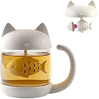 BigNoseDeer Cat Glass Tea Mug, Cup with Fish Shape Tea Infuser Strainer Filter 250ML8OZ Mother's Day Gift (White)