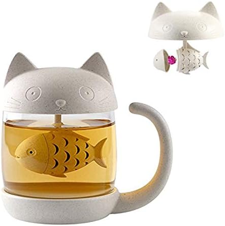 BigNoseDeer Cat Glass Tea Mug, Cup with Fish Shape Tea Infuser Strainer Filter 250ML8OZ Mother's Day Gift (White)