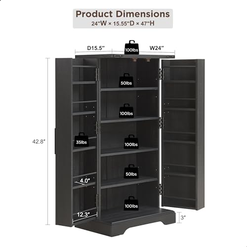 ACCOHOHO 47" Kitchen Pantry, Farmhouse Storage Cabinet with Barn Doors, Organizer and Adjustable Shelves, Rustic Wood Cupboard for Kitchen, Dining Room, Bathroom and Hallway, Black