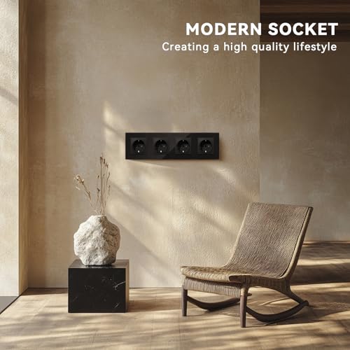 BSEED Steckdose aus Glas, EU-Standard Wandsteckdose mit Krallen, Einbausteckdose mit Kindersicherung, Einfach Montage, Neu E-Serie, 16A 250V,4 Fach,299mm Schwarz