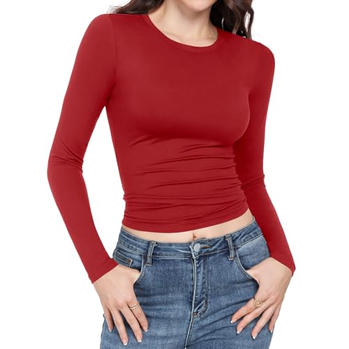 TNNZEET Women's Long Sleeve Crew Neck Slim Fit Shirts - Stretchy Basic Tee Tops for Workout Going Out Y2K Fall Fashion 2025 Bright Red X-Large