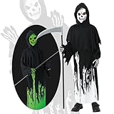 【Sensenmann Kostüm Set】Dieses Sensenmann-Kostüm umfasst ein furchterregendes Sensenmann-Kostüm, ein Paar Handschuhe und eine Sense. Es ermöglicht Ihnen, an Halloween viele Rollen zu spielen, sei es Zombie, Geistergeist, Ghul oder Sensenmann, und sorgt für zusätzlichen Gruselfaktor.