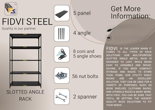Image of Heavy Duty Slotted Angle Rack 5 Shelf | 9x35x36 Inch Metal Storage Rack | 24 Gauge Shelf 18 Gauge Angle | Adjustable Shelving Unit for Home Kitchen Garage Office Warehouse | Black Powder Coated