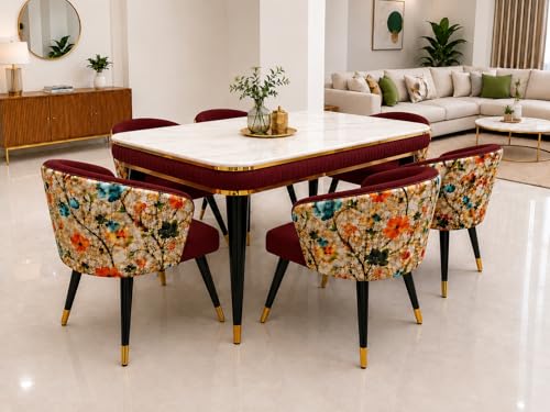 Image of WOODEN SPACE 6-Seater Wooden Dining Table Set | Nano Composite Marble Top | Solid Wood Base | Modern Dining Room Furniture with 6 Chairs (Maroon Printed)