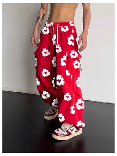 OYOANGLE Men's Flower Print Cargo Pants Drawstring Waist Flap Pocket Y2K Baggy Parachute Trousers3