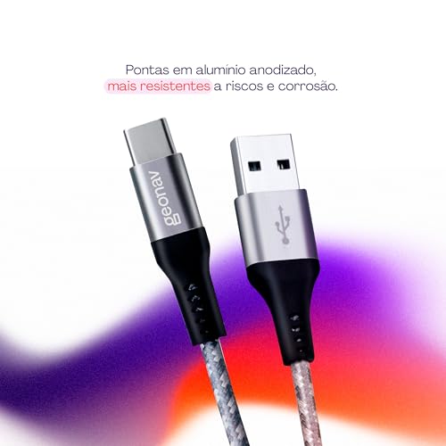 Geonav Cabo USB-C (tipo C) para USB, carregamento rápido, nylon trançado, 1,5MT, UCC06, Cinza/Branco