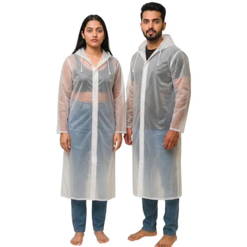 Image of ORILEY EVA Waterproof Raincoat for Men & Women with Hood Reusable Lightweight Rain Poncho Full Sleeves Rain Coat with Button Closure Outdoor Rainwear for Camping Hiking & Travelling (Free Size, White)