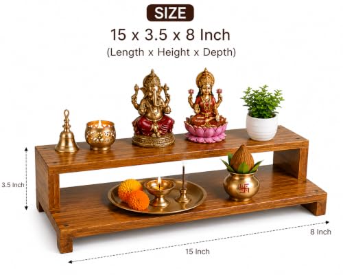 Image of Kamdhenu Wooden Pata Chowki for Pooja |2 Step Pata Chowki Decorative bajot for Sitting Pooja Temple Stool for Mandir| Wooden Bajot Chowki for Temple, Home & Decorative Use (15 x 8 x 3.5 Inch)