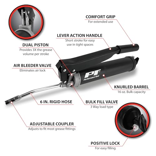 Image of Performance Tool W54296 Heavy Duty Lever Action Grease Gun with Dual Piston Design and 10,000 PSI Operating Pressure for Efficient Lubrication