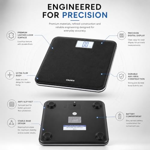 Image of CROWN ELITE Digital Weight Machine For Body Weight Weighing Machine Leather Look Fiber Body Digital Human Weighing Scale With Large Lcd Display (black),180 kg