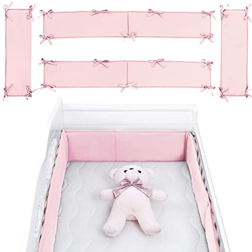 AMOCHY 𝐂𝐫𝐢𝐛 𝐁𝐮𝐦𝐩𝐞𝐫 Pads, 4Pcs Breathable 𝐂𝐫𝐢𝐛 𝐁𝐮𝐦𝐩𝐞𝐫 Padded Cotton Crib Liner for Inside Crib Padding Soft Baby Crib Protector Pads Sets for Boys and Girls (Pink) - Thumbnail 3