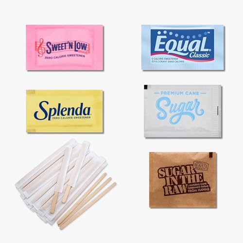 Sugar packets Variety Pack – Individual sugar Packets (540 packs) plus Individually Wrapped Wooden Stirrers Boxed by The Hungry Gorilla