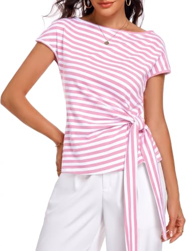 Image of HOTIAN Womens Cap Sleeve T Shirts 2026 Tie Waist Wrap Tops Crew Neck Blouses Dressy Casual Loose Work Business Dressy