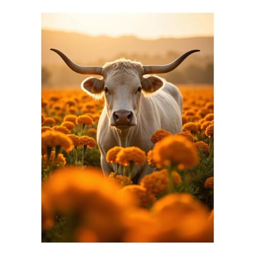 GVYGVY Kits de arte de diamantes para adultos – Campo de caléndula de vaca, paisaje de puesta de sol, kit de pintura de diamantes sin marco para adultos principiantes, kit de pintura de diamantes de