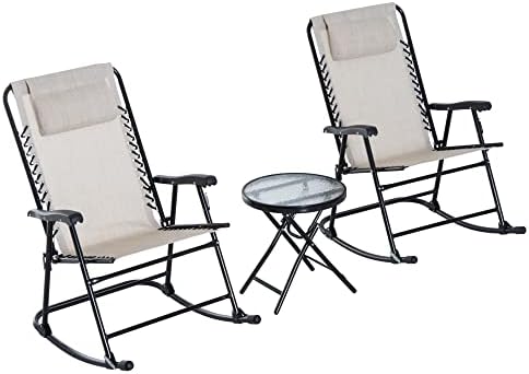 Outsunny 3 Piece Outdoor Rocking Bistro Set, Patio Folding Chair Table Set with Glass Coffee Table for Yard, Patio, Deck, Backyard, Cream White