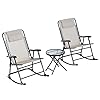 Outsunny 3 Piece Outdoor Rocking Chair Set Patio Folding Lawn Rocker Set with Glass Coffee Table Headrests for Yard Patio Deck Backyard Cream White