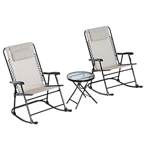 Outsunny 3 Piece Outdoor Rocking Chair Set Patio Folding Lawn Rocker Set with Glass Coffee Table Headrests for Yard Patio Deck Backyard Cream White