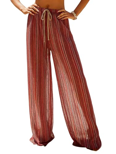 Image of ZAFUL Womens Beach Cover Up Pants Sexy Crochet Drawstring Elastic Boho Swimsuit Cover Up Long Pants Beach Wear
