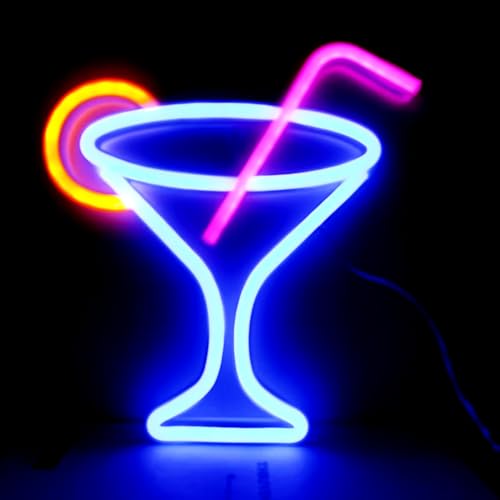HFHungkeong Led Cocktails Neon Sign, Wine Glass Neon Light Battery and USB Dual Powered Night Light Signs for Wall Decor, Cocktails Night Lamp for Club, Bar Cart Accessories Decor
