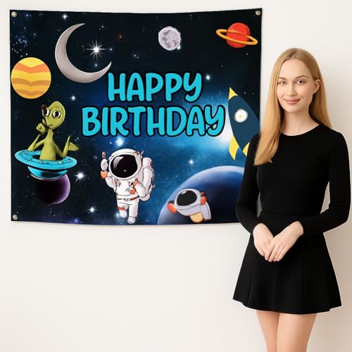 Image of Space Theme Birthday Decoration Kit for Kids Boys Girls, 72 Pcs. (Reusable) - Astronaut Rocket Moon Star Foil Balloons Banner Backdrop Galaxy Outer Space Party Supplies Birthday Decoration Set