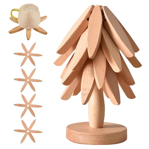 Wooden Trivets for Hot Dishes, 4-Piece Tree Shape Wood Trivet Set with Display Stand - Foldable Natural Wood Heat Resistant Pot Holders for Bowls, Pans, Teapots & Kitchen Counter Protection (Natural)