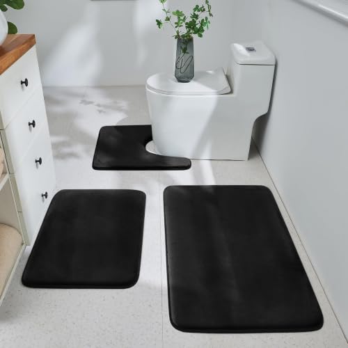 HUXMEYSON 3-Piece Memory Foam Bathroom Rug Set Black
