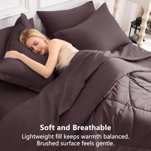 Image of CozyLux Queen Comforter Set Cocoa Powder - Bed in a Bag Queen Size 7 Pieces, Luxury Soft Bed Set for All Seasons, Bedding Set with Down Alternative Comforter, Sheets, Pillowcases & Shams