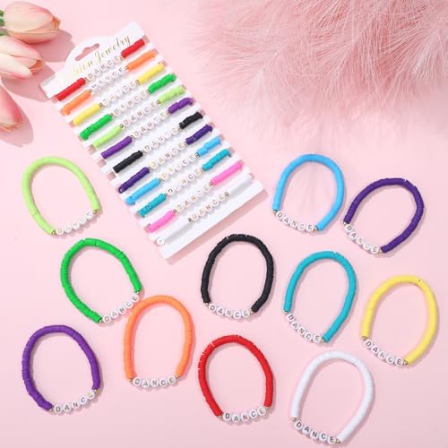 Blosssound 24 Pcs Dance Polymer Clay Beaded Bracelet Bulk Stretch Heishi Bracelet for Dancer Party Favors Team Gift Colorful Dance Lover Gift Ballerina Party Favors Charm Jewelry2