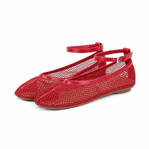 Image of Wnshonzy Mesh Ballet Flats for Women Round Toe Buckle Strap Fishnet Mary Jane Flats Comfy Casual Office Womens Summer Flats Shoes