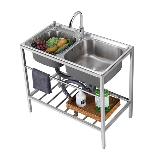 Évier de cuisine commerciale double bac anti-débordement en acier inoxydable
