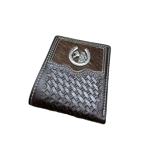 Urbalabs Mens Cow Hair Cowboy Horse and Horseshoe Basketweave Bifold Western Leather Wallet High End Hand Stitched Leather Style Mens Wallets Leather Bull Rider Rodeo Gifts For Men (Coffee)