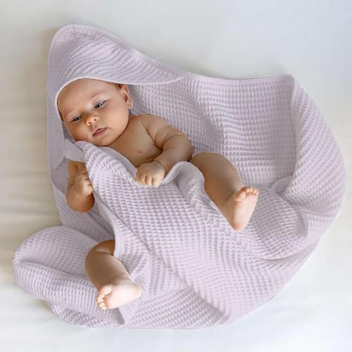 Image of Waffle Baby Blanket with Hood | 100% Cotton Muslin Baby Towel | Soft & Lightweight Newborn Swaddle Wrap (36x42 Inches, Light Purple)