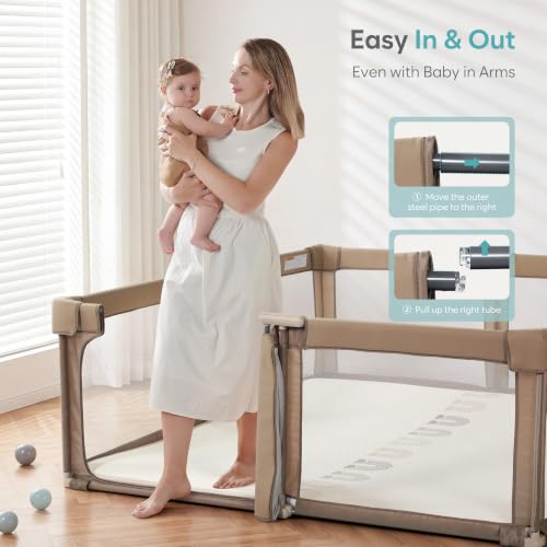 Image of Baby Playpen Portable, Pre-Assembled Play Pen 59x59 Large Foldable Playpen for Babies and Toddlers, Sturdy and Safe Toddler Play Yard Indoor Outdoor with Carry Bag, Dark Khaki