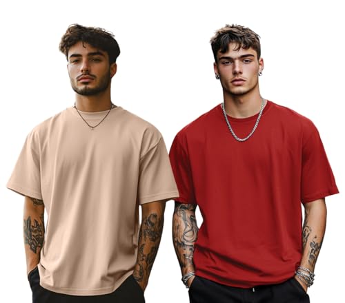 Image of Veirdo Solid Oversized 100% Pure Cotton Combo T-Shirt for Men & Boys (Half Sleeves, Round Neck, Drop Shoulder, Baggy Fit, Pack of 2, Available in S to 2XL