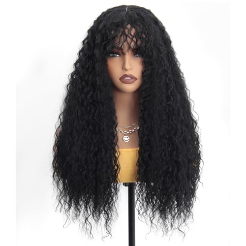 HiTuMyPi Black Curly Wig with Bangs Curly Wig for Women Long Natural Black Curly Wigs Skin-friendly Synthetic Fibersc for Daily Festival Holiday Use Long Curly Wig 26INCH