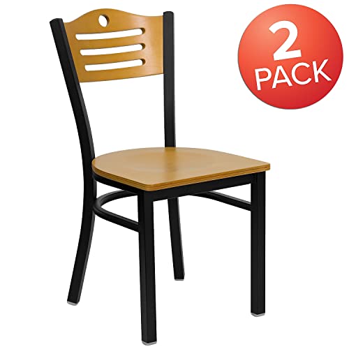 Image of Flash Furniture 2 Pack HERCULES Series Black Slat Back Metal Restaurant Chair - Natural Wood Back & Seat