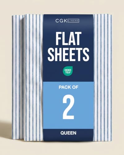 Queen Size Flat Sheet - Pack of 2 Top Flat Bed Sheet Only - Blue Stripes