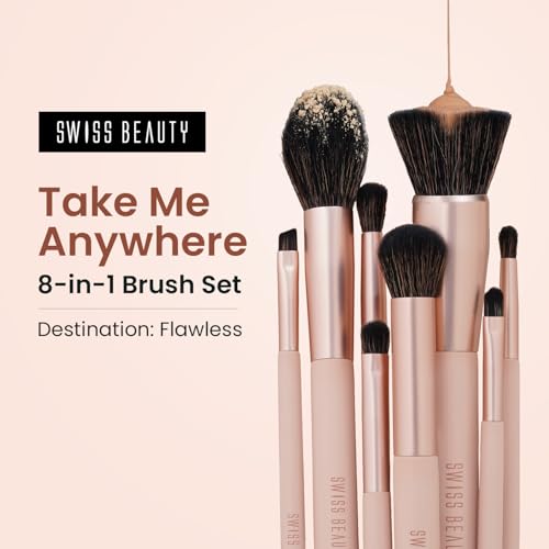 Image of Swiss Beauty Take Me Anywhere 8-in-1 Makeup Brush Set | Compact Travel-Friendly Brush Kit | Soft Synthetic Bristles | Multi-Functional | Durable & Lightweight | Flawless Application | PETA Certified | 8Pcs