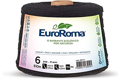 Barbante Colorido, Euroroma, 600 g, Preto, 4/6 Fios, Rolo de 610 Metros