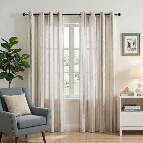 Image of MYSKY HOME Grey Stripe Curtains 96 Inches Long for Bedroom Living Room Ticking Stripe Pinstripe Print Linen Blend Gray and White Light Filtering Farmhouse Window Drapes, Grommet, 2 Panels, 52 inch Wide