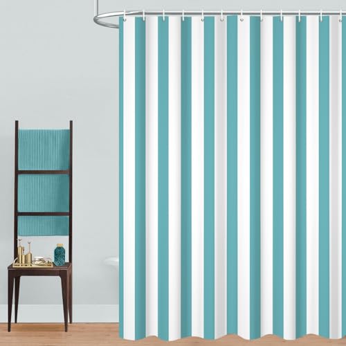 GCIREC Duschvorhang, 180x200cm, Licht Teal & Weiß Moderner Minimalismus Vertikale Streifen Wasserdichter Stoff Maschinenwaschbarer Badezimmervorhang mit Haken